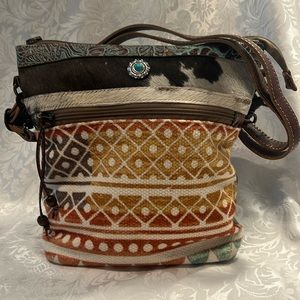 Myra Cross Body Upcycled Canvas-Cow Hide Bag 3 Straps Included
